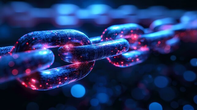 Glowing digital chain links in blue and red neon colors against dark background with bokeh effect, representing blockchain technology and secure connection.