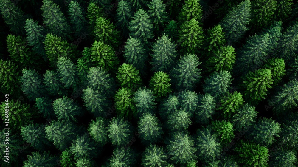 Poster aerial top down view of dense pine forest canopy showing lush evergreen trees in wilderness area, cr