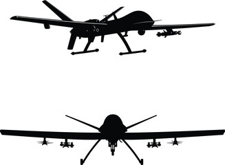 Drone vector illustration silhouette, showcasing a sleek, modern design in flat vector style.  
. Aircraft flat vector silhouette for aviation and travel designs. Military helicopter silhouette