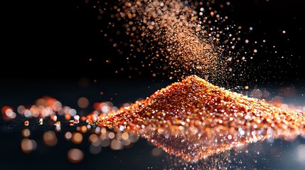 Glowing copper-colored spice powder forming pyramid shape with sparkling particles against dark background, dramatic food photography with bokeh effect.