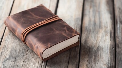 Elegant Brown Leather Notebook on Wooden Desk - A stylish brown leather notebook resting on a rustic wooden desk symbolizes creativity, elegance, organization, inspiration, and craftsmanship.
