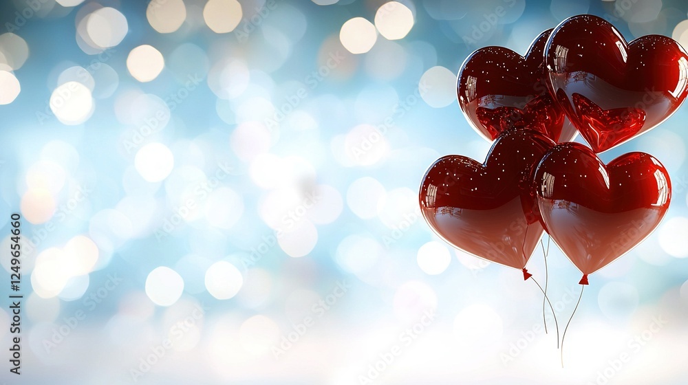 Poster red heart-shaped balloons float in midair with a soft glow in the background