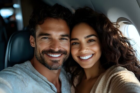 Diverse couple taking selfie in car interior, showing genuine happiness with bright smiles. Mixed-race relationship portrays modern love and connection.