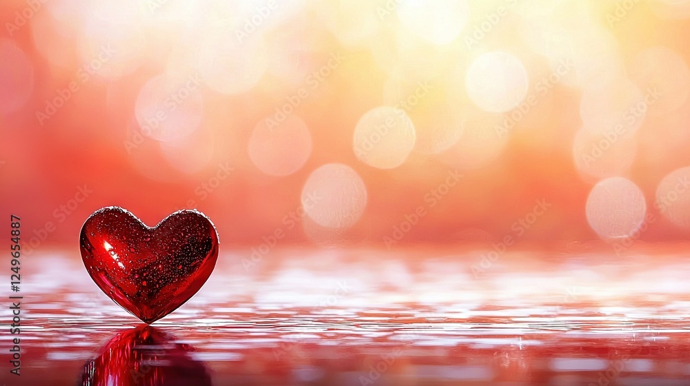 Poster red heart-shaped object on shiny surface with light boke in background