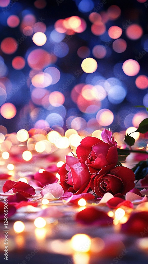 Poster   Red roses on table next to white and pink flowers