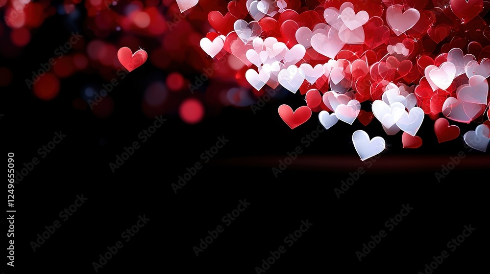 Poster red and white hearts floating on black background with space for text or image