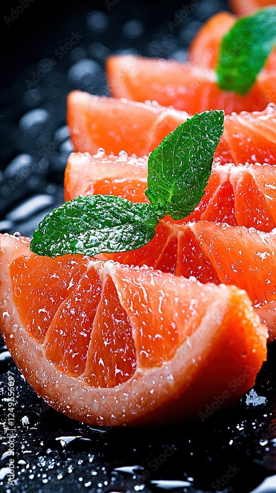 Aufkleber a high-resolution image of grapefruit slices and mint leaves on a dark background with water droplet