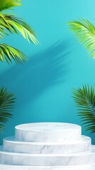 Fototapeta premium Elegant Display Stage with Tropical Leaves - A modern white marble stage surrounded by vibrant green tropical leaves against a bright turquoise background.