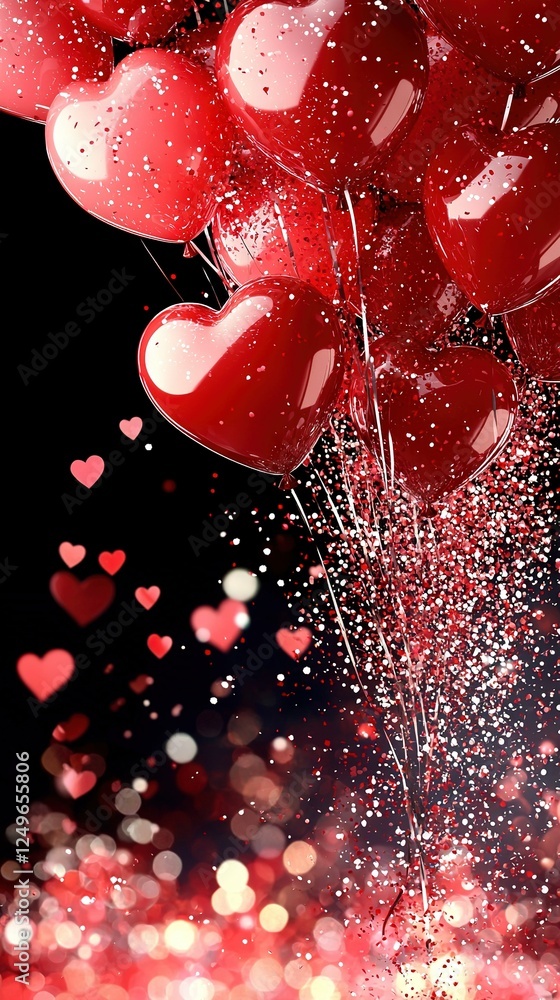 Poster   A sea of red heart-shaped balloons float gracefully against a dark backdrop, speckled with vibrant red and white confetti