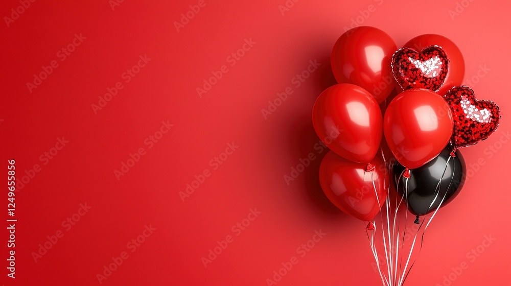 Poster a heart-shaped cluster of red and black balloons against a red backdrop, adorned with intertwining s