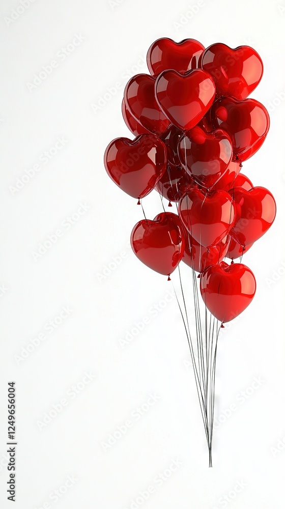 Poster a swarm of red heart-shaped balloons float effortlessly through the sky, tethered by strings to thei
