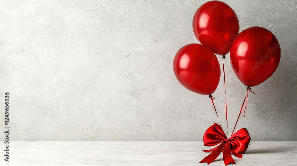 Poster a white table with a cluster of red balloons and a red bow on a gray wall in the background