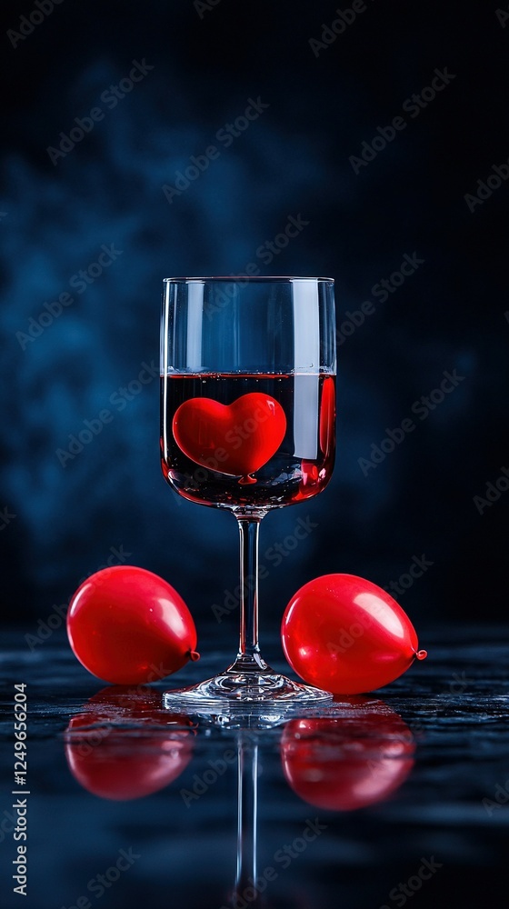 Poster a glass of wine with a single red heart centered within it and two smaller red hearts nestled inside