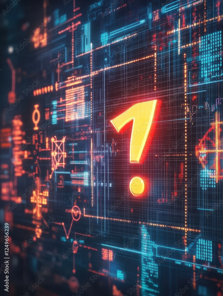 Poster cyber security conceptwith digital exclamation mark and diagram graphs at abstract background. 3d re