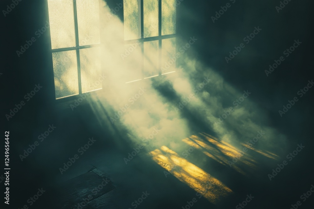 Poster sunlight filtering through dusty windows creates a mystical atmosphere in an empty room