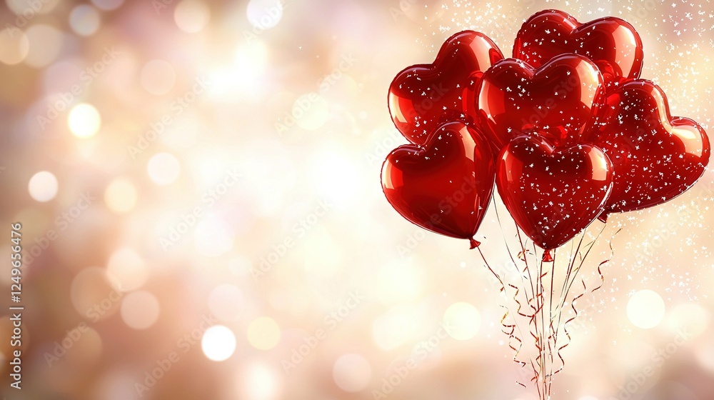 Poster heart-shaped balloons float in front of a bokeh of light and bubbles