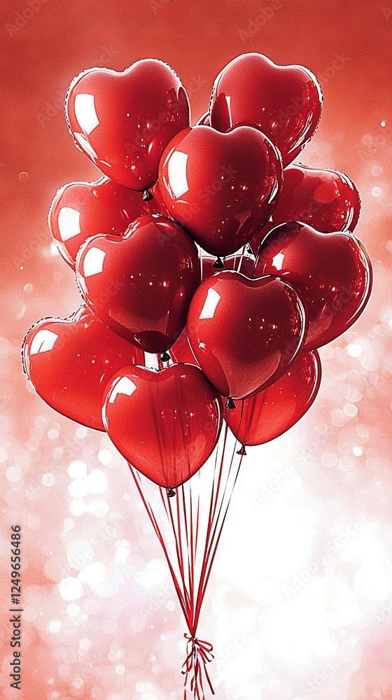 Poster a group of red heart-shaped balloons float in the air in front of a red and white bokeh of light
