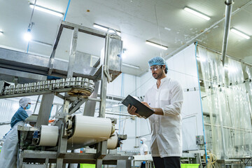Naklejka premium quality assurance scientist inspector monitors equipment in high tech food manufacturing plant, focusing on efficiency, food safety, and operational precision for seamless production line workflow.