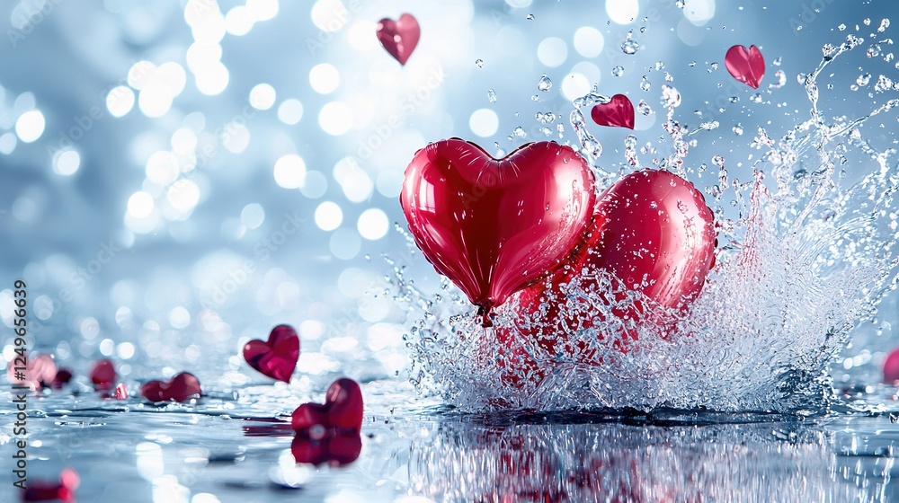 Poster a pair of red hearts hover above a water body beside a cluster of red heart-shaped objects bobbing i