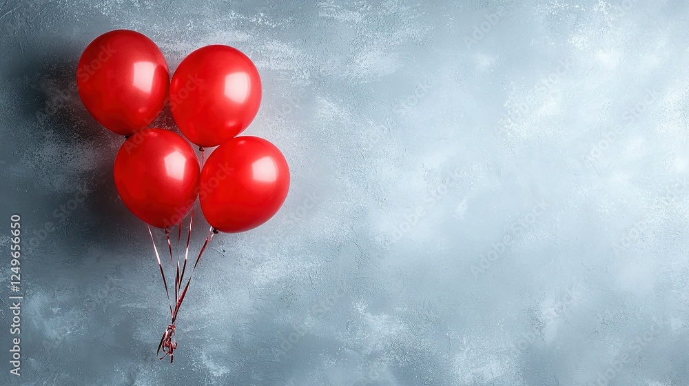 Poster a group of red balloons rest atop a gray background, connected by a red string to one of them