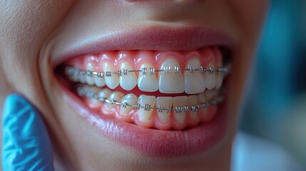 Obraz premium Close up of a woman's mouth with braces.