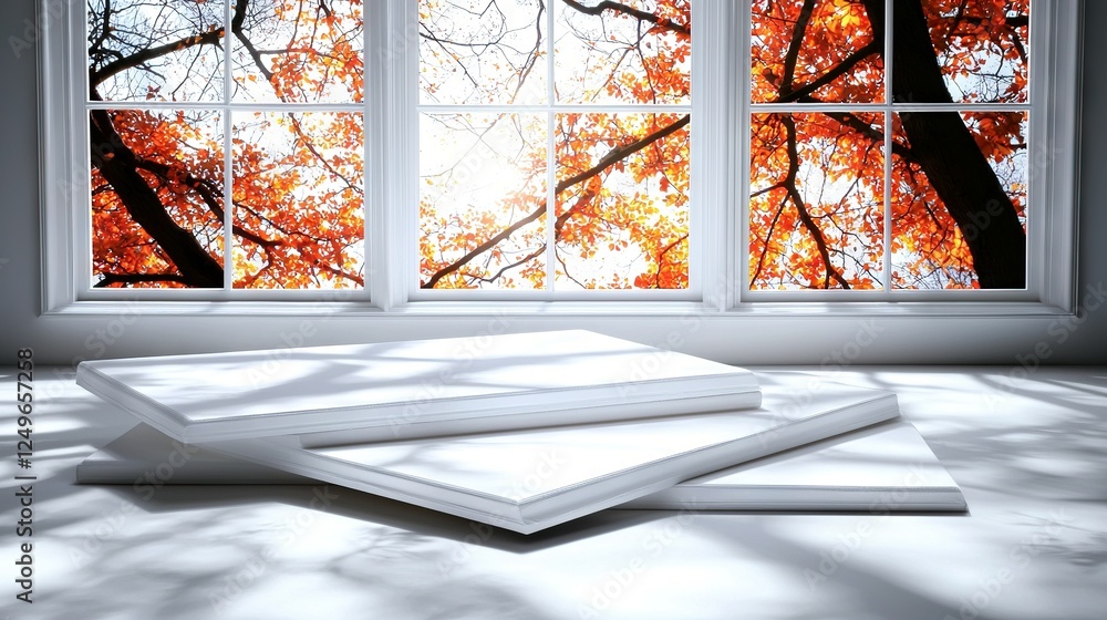 Poster a pair of white frames sits on a window sill, framing a window covered in fall leaves