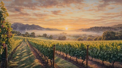 Fototapeta premium Vineyard Sunrise Over Misty Valley Landscape
