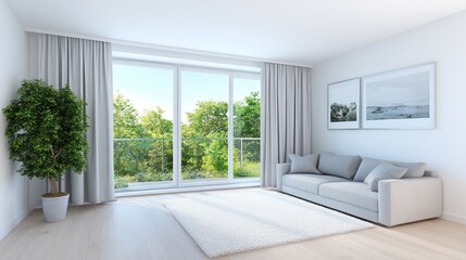 Light gray sofas and a white carpet create a cozy atmosphere near a large window in a modern Scandinavian living room