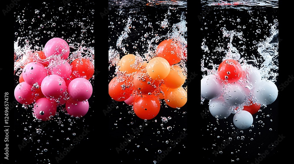 Poster balloons float on water against a dark backdrop with splashes above and below