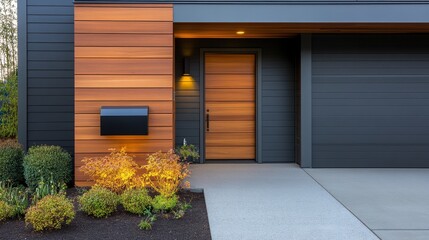 Modern home entrance featuring wooden accents, sleek design, and landscaped surroundings at dusk