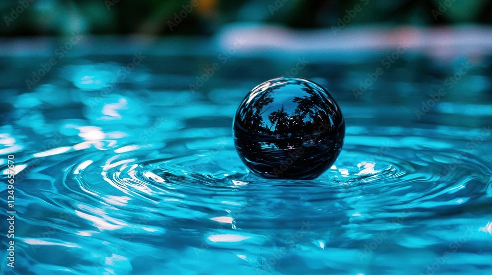 Poster an image of a black object afloat on a pool of water amidst surrounding trees in the background