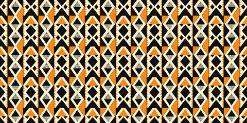 Abstract African art shapes seamless backgrounds, tribal geometric decoration patterns. Colored flat boho symbols illustrations	