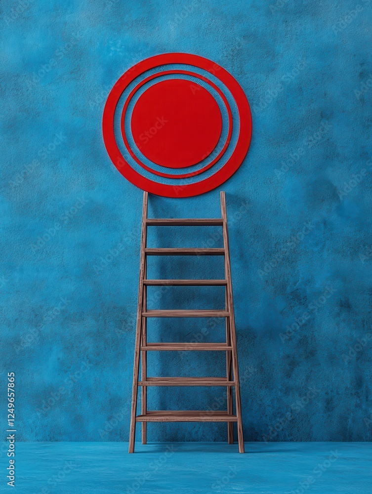 Poster red target with many ladders on blue wall. business and challenge concept. mock up, 3d rendering.