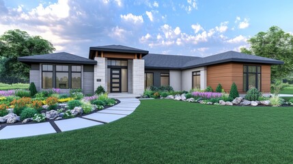 Modern single-story house with landscaped garden, vibrant flower, and clear blue sky in the background