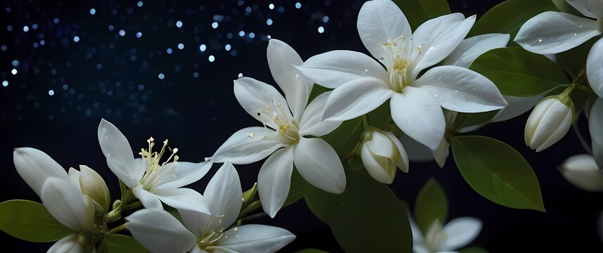 An exquisite closeup of night blooming jasmine showcasing delicate white flowers shimmering against the velvety night sky with enchanting essence