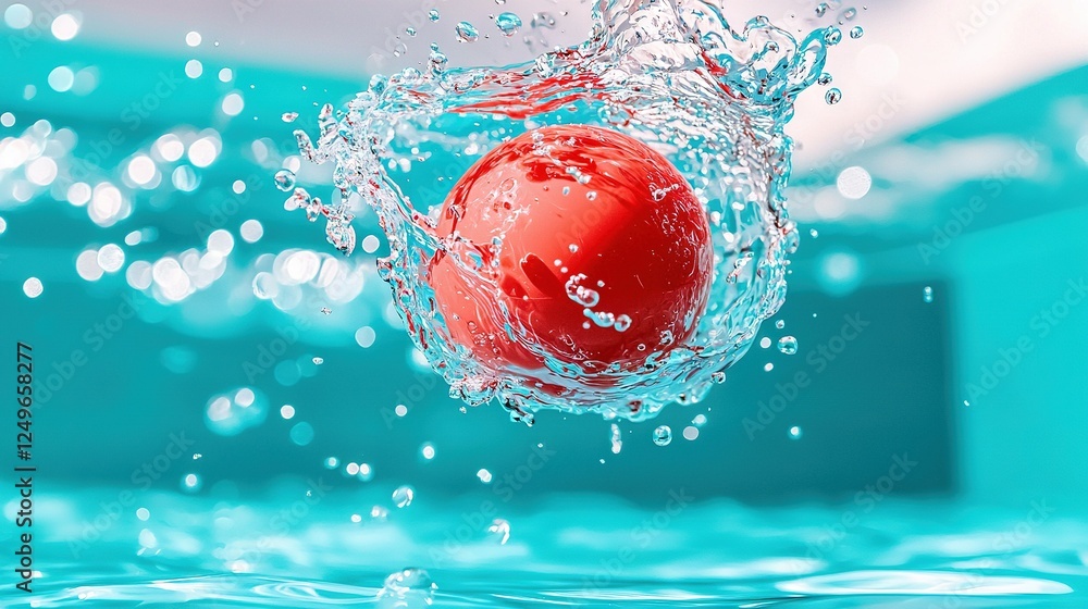 Poster a red ball floats in a pool with a splash atop and bottom