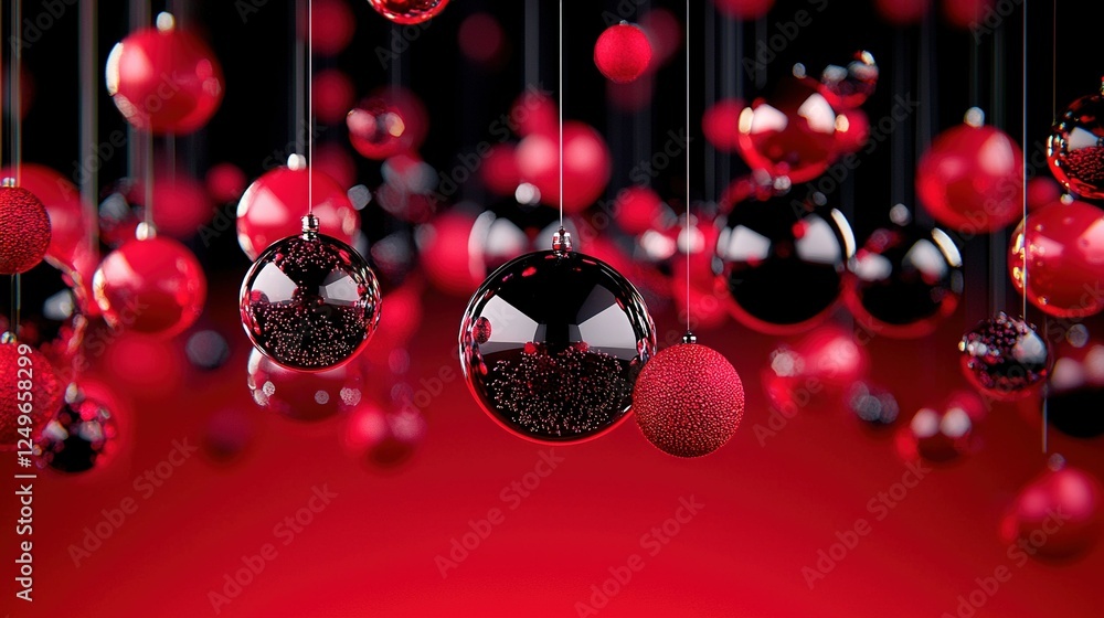 Aufkleber red and black ornaments hang from a string against a red background with black and white polka dots,