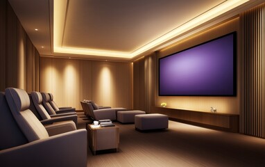 Fototapeta premium Modern home theater with plush seating, large screen, and ambient lighting creating a cozy atmosphere