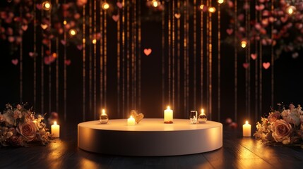Elegant Romantic Decor with Candles and Flowers - A beautifully arranged romantic setting featuring soft candlelight, floral accents, and heart-shaped decorations for a warm atmosphere.