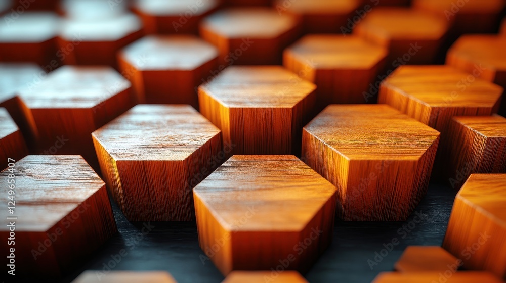 Poster a close-up of hexagonal wooden blocks arranged in a pattern.