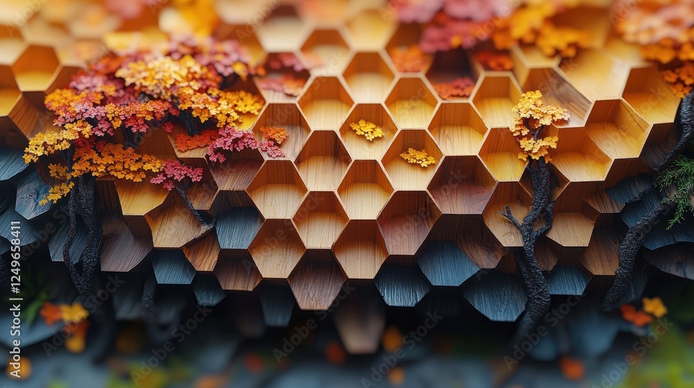 Poster a stylized honeycomb structure with autumn foliage and textured elements.