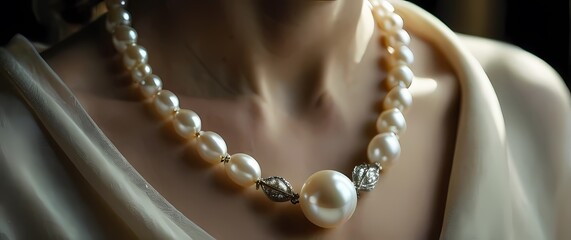 An exquisite closeup of a pearl necklace resting beautifully on soft fabric showcasing both elegance and the artistry of natures gifts