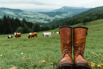 "Brown Boots on Green Field &ndash; Rustic Farm Life and Outdoor Footwear Concept"