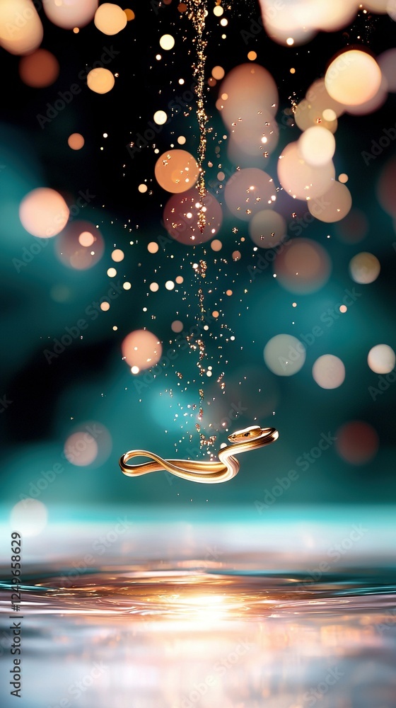 Poster a clear image shows a golden object bobbing atop water, surrounded by a hazy background of radiant l