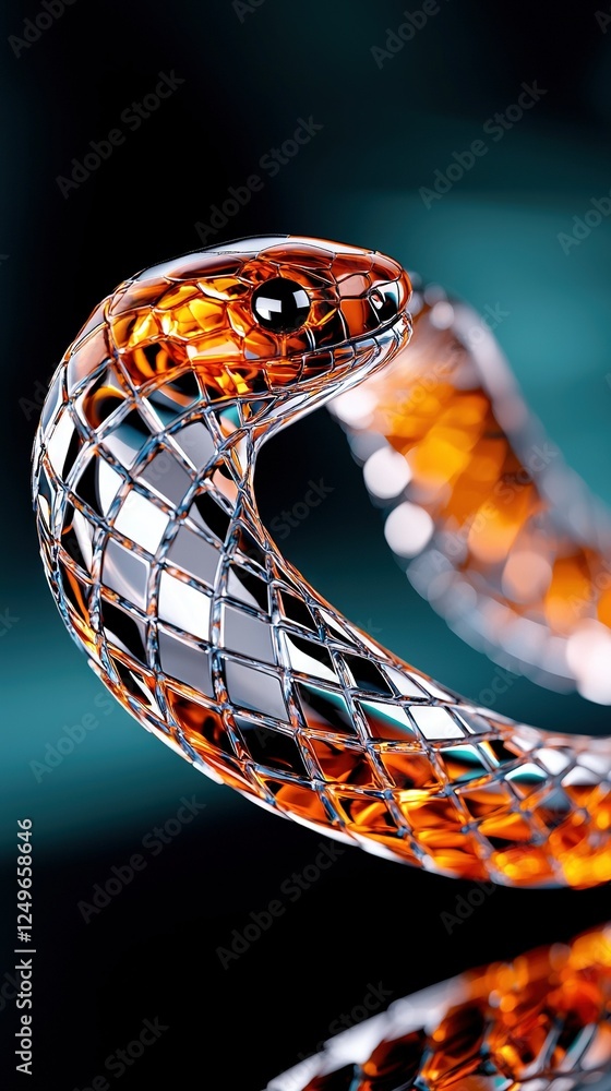 Poster a close-up image of a gleaming metal object, showing its reflection on both the object's surface and