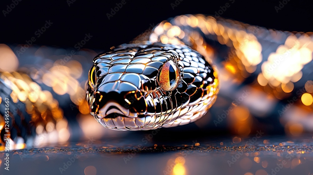 Poster snake in blurry background - a detailed shot of a snake's head, surrounded by hazy surroundings and 