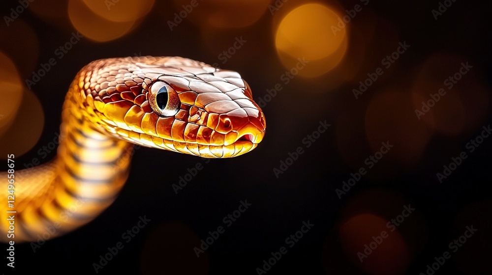 Poster a close-up of a snake's head on a black background with bouncy lights in the background