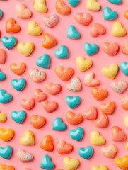 Abstract pattern of colorful candy hearts on a pastel pink background, top-down view. illustration