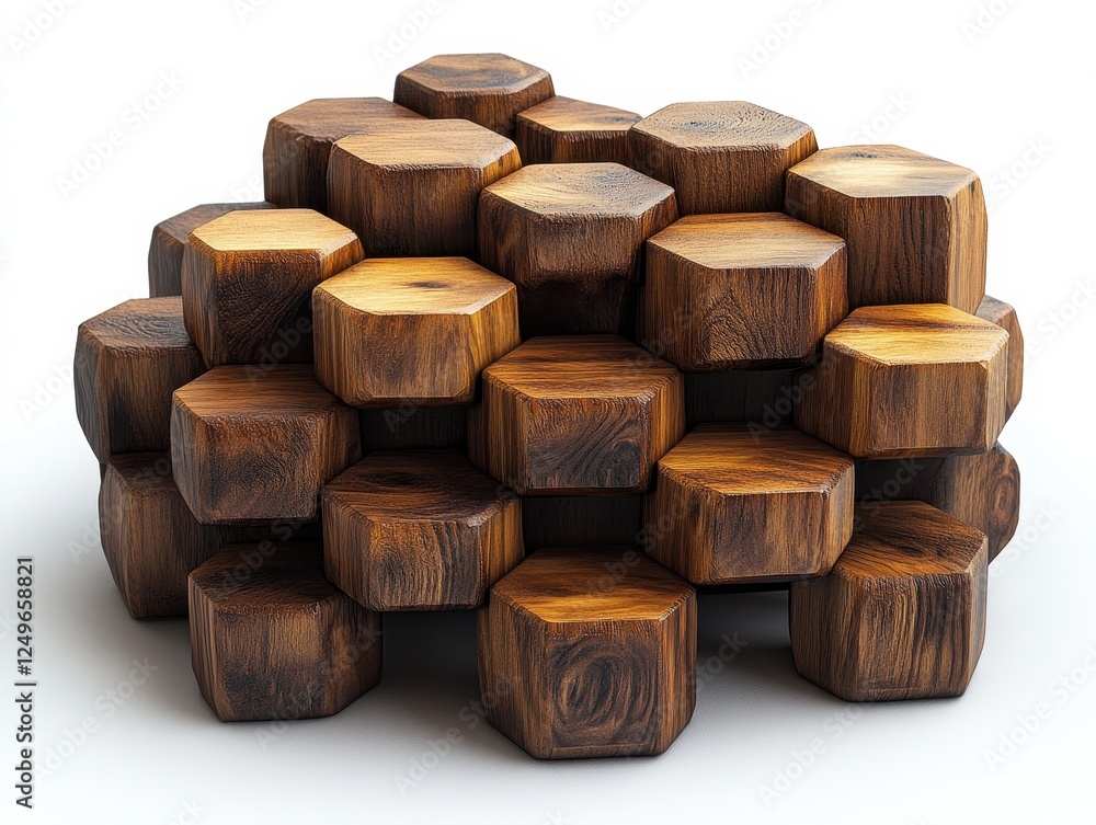 Aufkleber a stack of hexagonal wooden blocks arranged in an artistic formation.