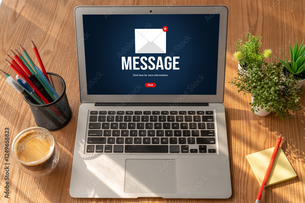 Poster email notification message showing on computer screen snugly. digital marketing message information 